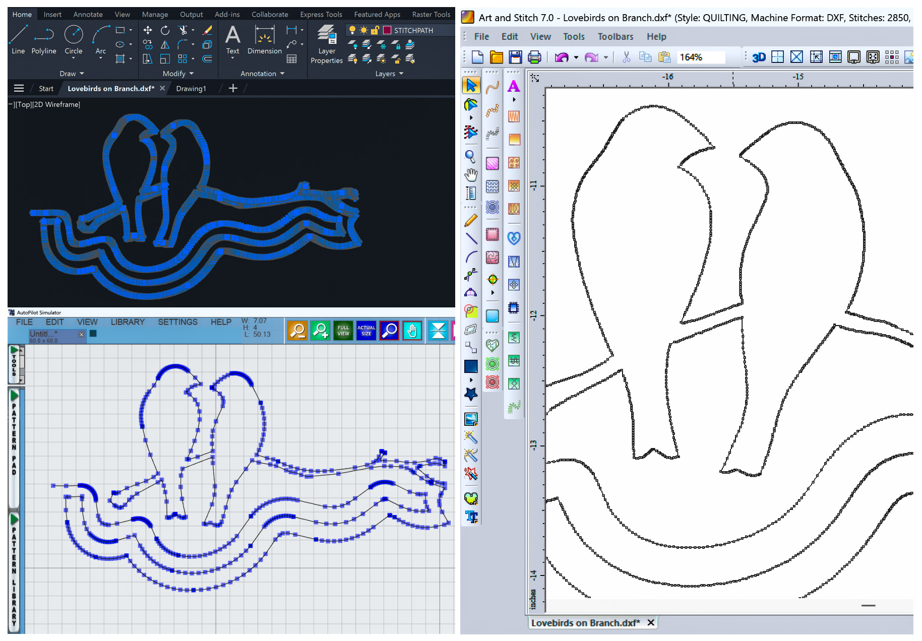 Digital quilting pattern workflow across AutoCAD, Art and Stitch, and AutoPilot